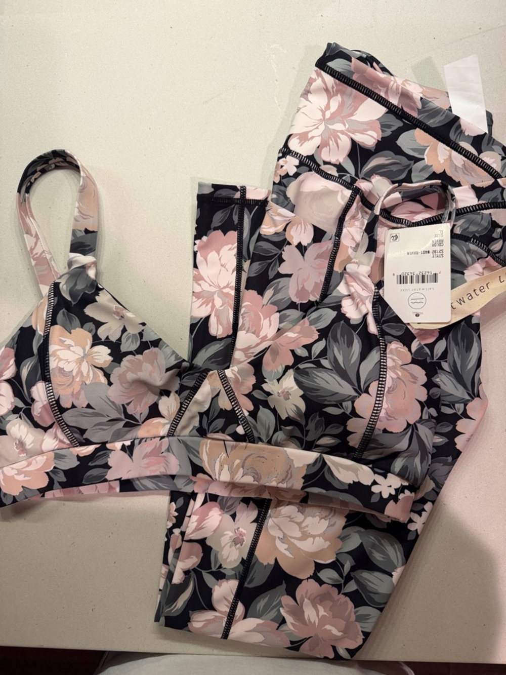 saltwater LUXE Black & Blush Floral Sports Bra and Leggings Set